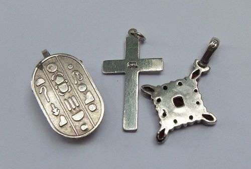 A STUNNING LOT OF TWO STERLING SILVER AND ONE EGYPTIAN SILVER PENDANT FOR YOUR COLLECTION !! AWESOME
