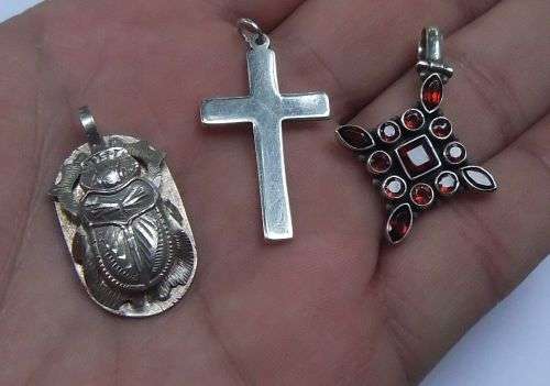 A STUNNING LOT OF TWO STERLING SILVER AND ONE EGYPTIAN SILVER PENDANT FOR YOUR COLLECTION !! AWESOME