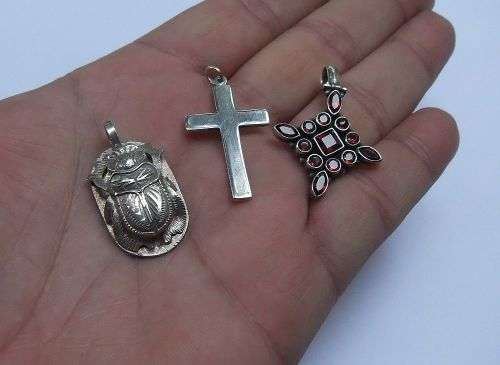 A STUNNING LOT OF TWO STERLING SILVER AND ONE EGYPTIAN SILVER PENDANT FOR YOUR COLLECTION !! AWESOME