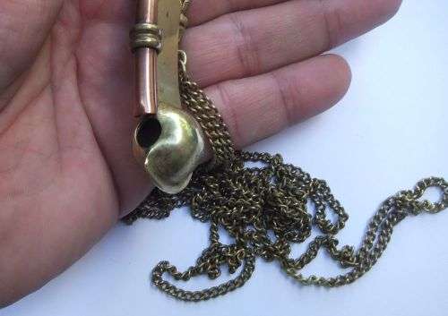 A RARE OLD COPPER AND BRASS BOSUNS WHISTLE WITH FOB WATCH CHAIN - SEE PICS - COOL PIECE !!