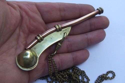 A RARE OLD COPPER AND BRASS BOSUNS WHISTLE WITH FOB WATCH CHAIN - SEE PICS - COOL PIECE !!