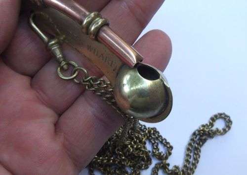 A RARE OLD COPPER AND BRASS BOSUNS WHISTLE WITH FOB WATCH CHAIN - SEE PICS - COOL PIECE !!