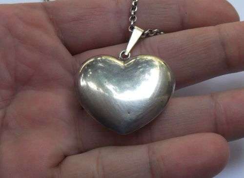 A BIG FAT STERLING SILVER HEART PENDANT WITH A STERLING SILVER NECKLACE !! GREAT DEAL !!