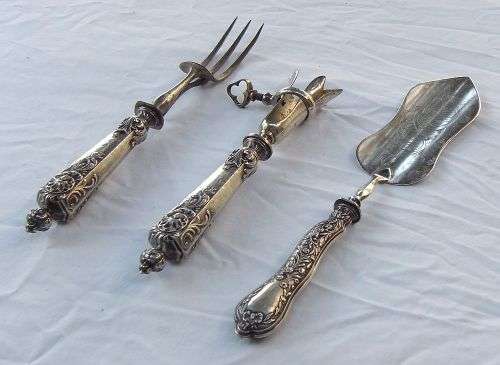 HIGH CLASS !! THREE BEAUTIFUL AND RARE ANTIQUE SILVER HANDLED SERVING `TOOLS` - TWO ARE FRENCH !!