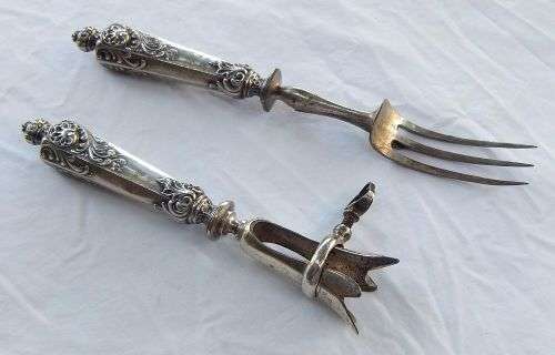 HIGH CLASS !! THREE BEAUTIFUL AND RARE ANTIQUE SILVER HANDLED SERVING `TOOLS` - TWO ARE FRENCH !!