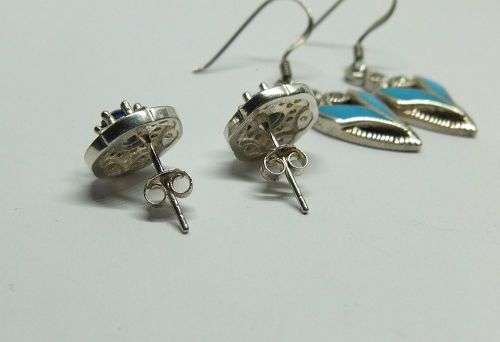 WOW !! THREE GORGEOUS PAIRS OF SOLID STERLING SILVER EARRINGS WITH EYE CATCHING INSETS !!