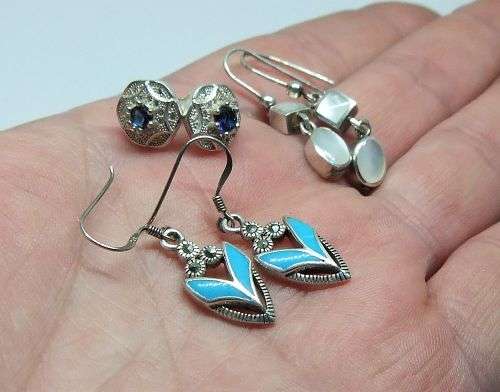 WOW !! THREE GORGEOUS PAIRS OF SOLID STERLING SILVER EARRINGS WITH EYE CATCHING INSETS !!