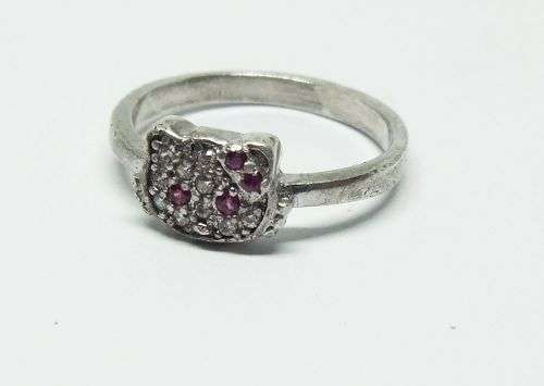 R1 START !! AN EXTREMELY CUTE SOLID STERLING SILVER `HELLO KITTY` MOTIF RING !! FREE COMBINING !!