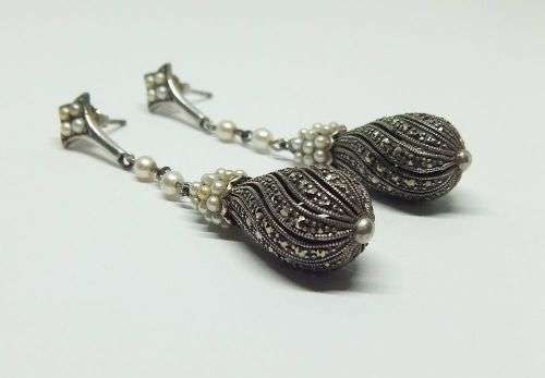 AN EXQUISITE VINTAGE LOOK PAIR OF HEAVY STERLING SILVER EARRINGS WITH MARCASITE AND SEED PEARLS !!