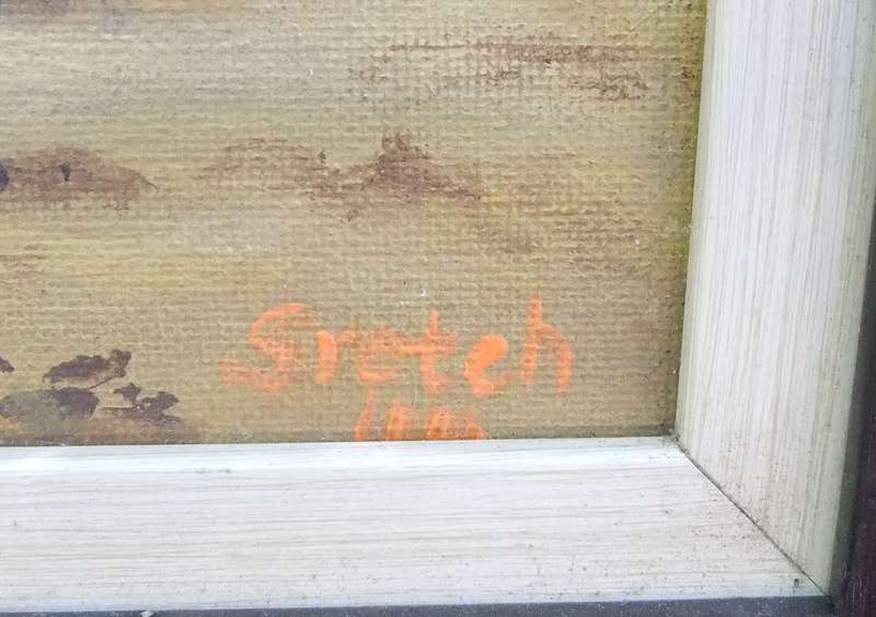 A CHARMING FRAMED ORIGINAL OIL ON BOARD LANDSCAPE PAINTING SIGNED GRETCH OR GRETEH ? LOVELY FIND !!
