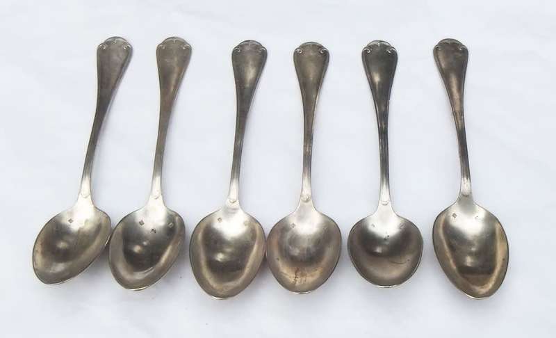 AN AWESOME ANTIQUE SET OF 6 TABLE SPOONS MARKED 84 WITH LION IN CARTOUCHE !! HEAVY GOOD QUALITY !!