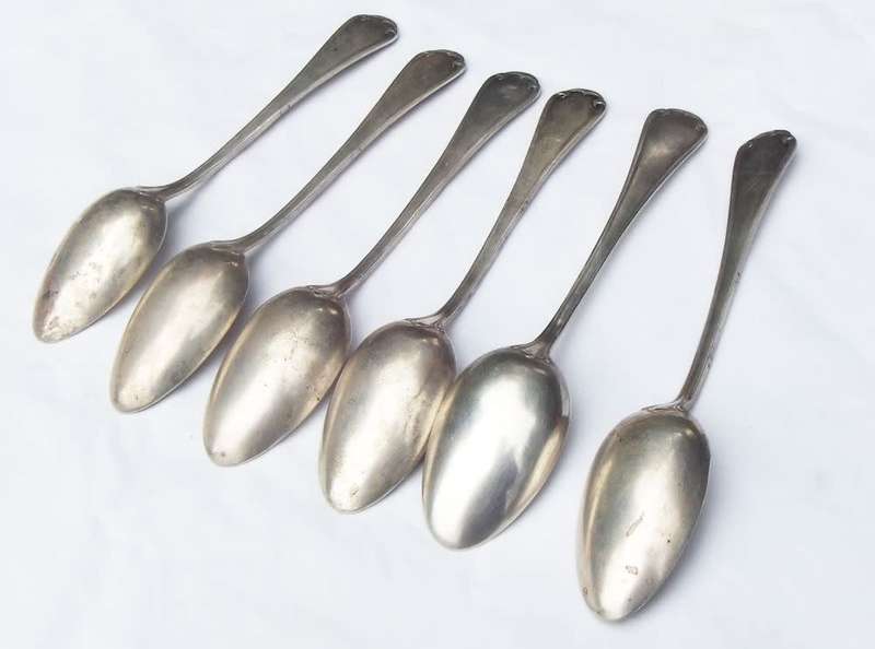 AN AWESOME ANTIQUE SET OF 6 TABLE SPOONS MARKED 84 WITH LION IN CARTOUCHE !! HEAVY GOOD QUALITY !!