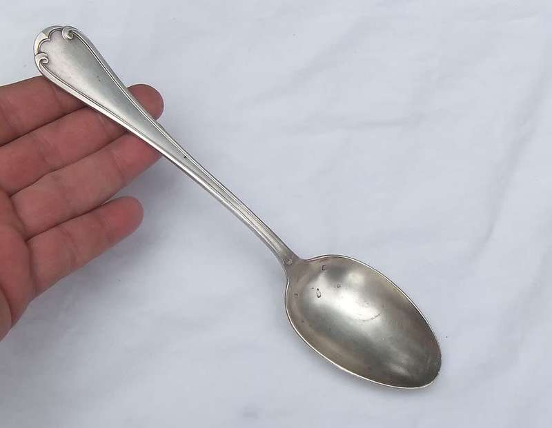 AN AWESOME ANTIQUE SET OF 6 TABLE SPOONS MARKED 84 WITH LION IN CARTOUCHE !! HEAVY GOOD QUALITY !!