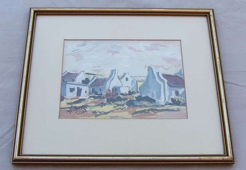 WOW !! AN ORIGINAL SIGNED WATERCOLOUR PAINTING OF COTTAGES BY SA ARTIST MEL BUYS DATED 1983 !!