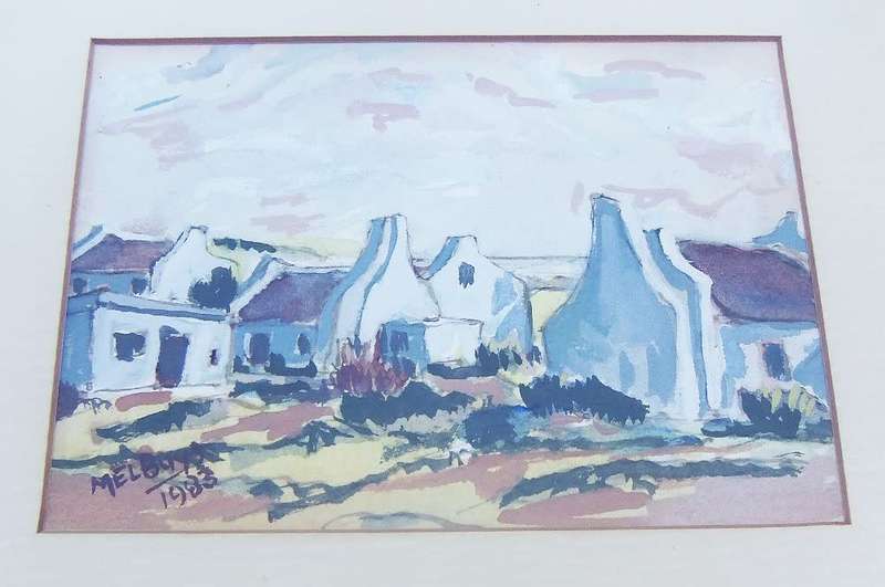 WOW !! AN ORIGINAL SIGNED WATERCOLOUR PAINTING OF COTTAGES BY SA ARTIST MEL BUYS DATED 1983 !!