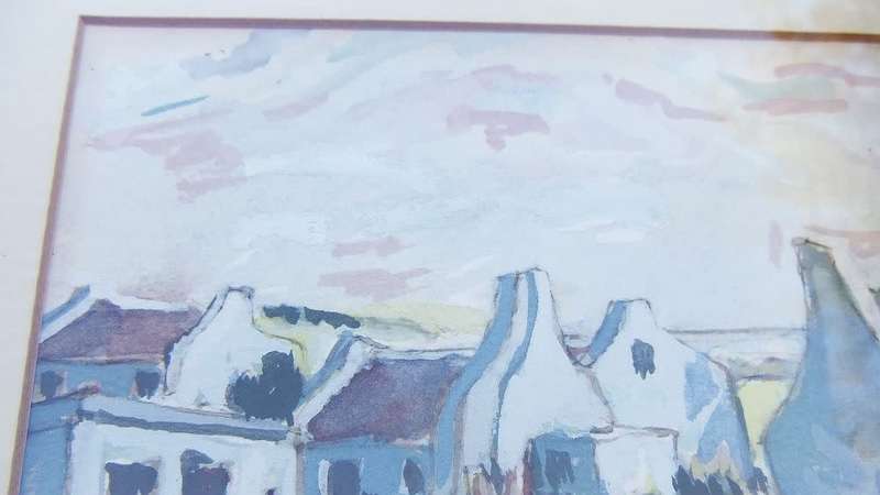 WOW !! AN ORIGINAL SIGNED WATERCOLOUR PAINTING OF COTTAGES BY SA ARTIST MEL BUYS DATED 1983 !!
