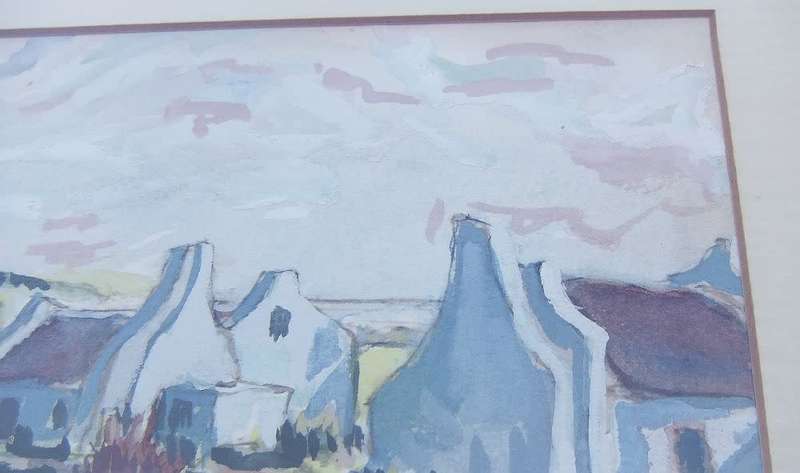 WOW !! AN ORIGINAL SIGNED WATERCOLOUR PAINTING OF COTTAGES BY SA ARTIST MEL BUYS DATED 1983 !!