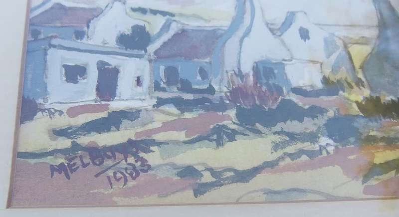 WOW !! AN ORIGINAL SIGNED WATERCOLOUR PAINTING OF COTTAGES BY SA ARTIST MEL BUYS DATED 1983 !!