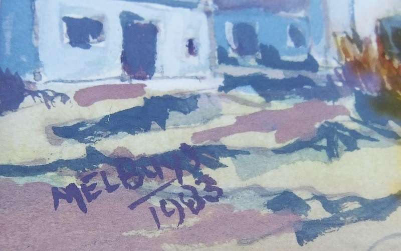 WOW !! AN ORIGINAL SIGNED WATERCOLOUR PAINTING OF COTTAGES BY SA ARTIST MEL BUYS DATED 1983 !!