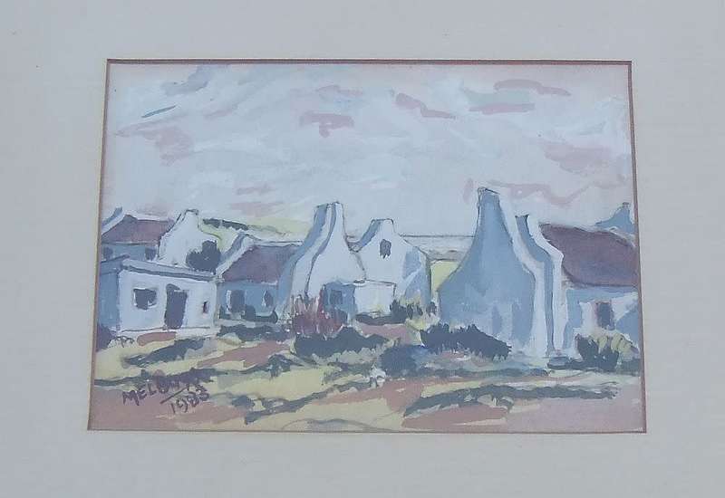 WOW !! AN ORIGINAL SIGNED WATERCOLOUR PAINTING OF COTTAGES BY SA ARTIST MEL BUYS DATED 1983 !!