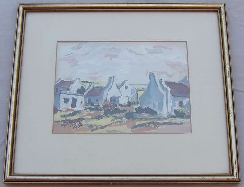 WOW !! AN ORIGINAL SIGNED WATERCOLOUR PAINTING OF COTTAGES BY SA ARTIST MEL BUYS DATED 1983 !!