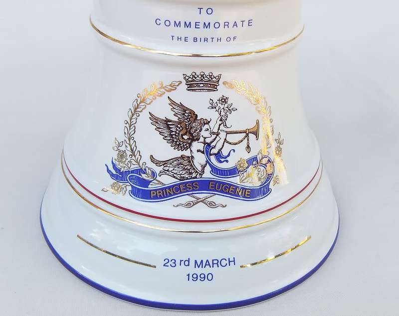 A vintage Bells whisky decanter commemorating the birth of Princess Eugenie 23 March 1990 by Wade