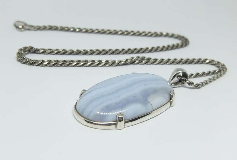 WOW !! A long Sterling silver necklace with a cabochon gemstone set sterling silver pendant !!