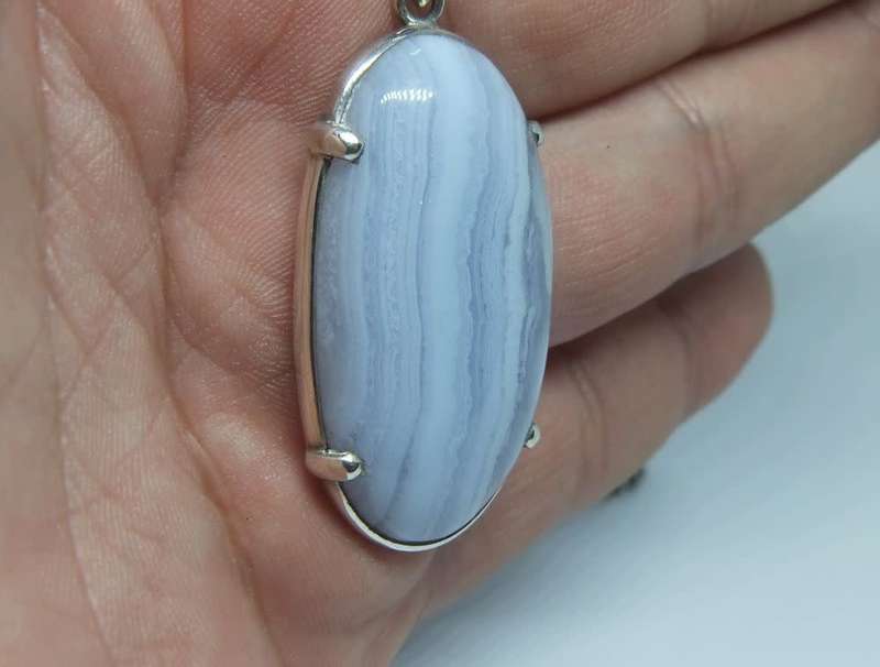 WOW !! A long Sterling silver necklace with a cabochon gemstone set sterling silver pendant !!
