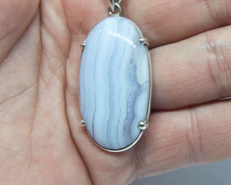 WOW !! A long Sterling silver necklace with a cabochon gemstone set sterling silver pendant !!