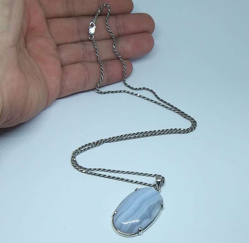 WOW !! A long Sterling silver necklace with a cabochon gemstone set sterling silver pendant !!