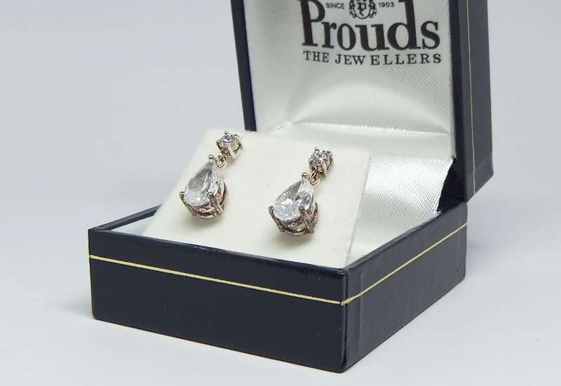 A pair of sterling silver teardrop earrings with clear insets - Never worn - With box