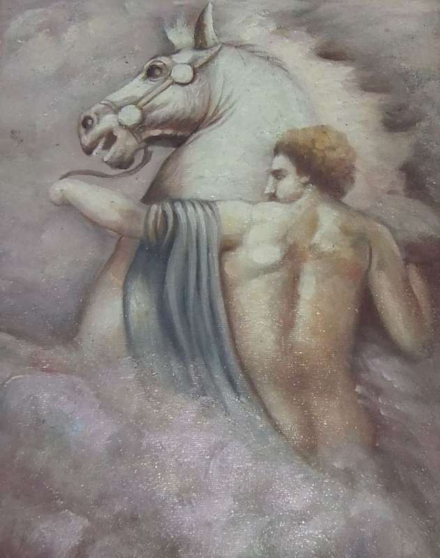 An eye catching framed oil painting depicting a man with a raging horse