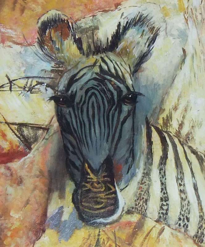 A stunning framed oil painting depicting a Zebra in great detail