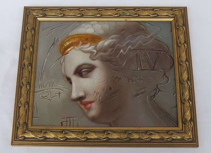 An oil painting of a Grecian style lady figure