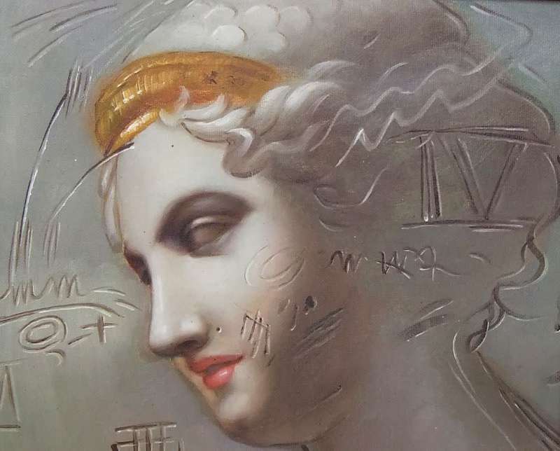 An oil painting of a Grecian style lady figure
