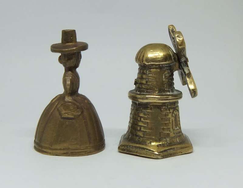 Totally adorable !! A vintage solid brass miniature windmill bell and a Welsh lady bell