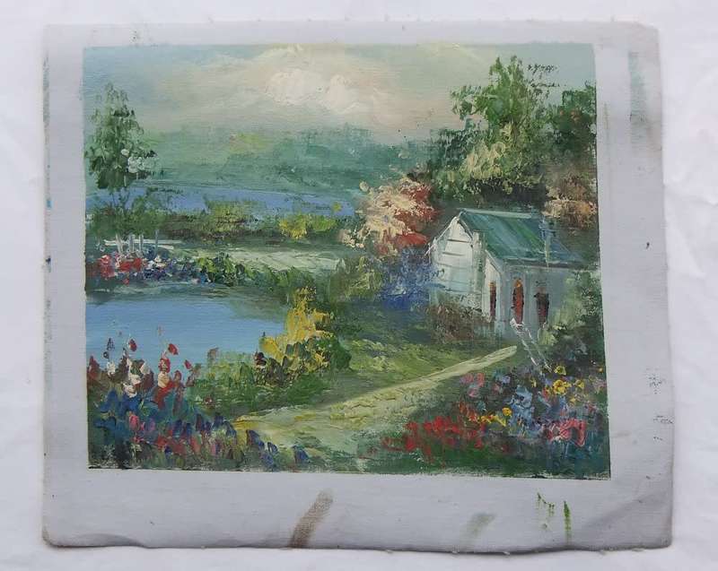 A BEAUTIFUL UNFRAMED SIGNED GENUINE OIL ON CANVAS PAINTING OF A COTTAGE NEAR A COLOURFUL POND