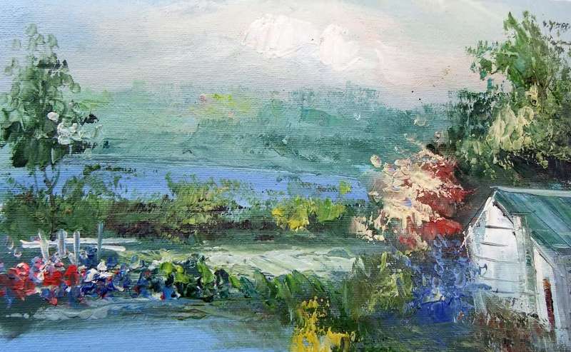 A BEAUTIFUL UNFRAMED SIGNED GENUINE OIL ON CANVAS PAINTING OF A COTTAGE NEAR A COLOURFUL POND