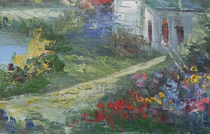 A BEAUTIFUL UNFRAMED SIGNED GENUINE OIL ON CANVAS PAINTING OF A COTTAGE NEAR A COLOURFUL POND