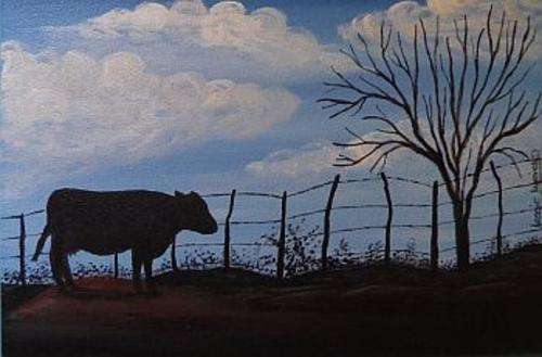 Cow at Fence - Acrylic Painting by SA artist, Jessie Meier - 300 x 200