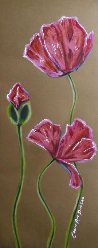 2 Pink Poppies - Oil Pastel by SA artist, Cherie Roe Dirksen - 250 x 650