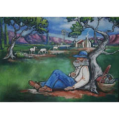 "Ouman - Uitspan tyd!" - Acrylic by SA artist, Stella Pelser - 400mm x 300mm x 45mm