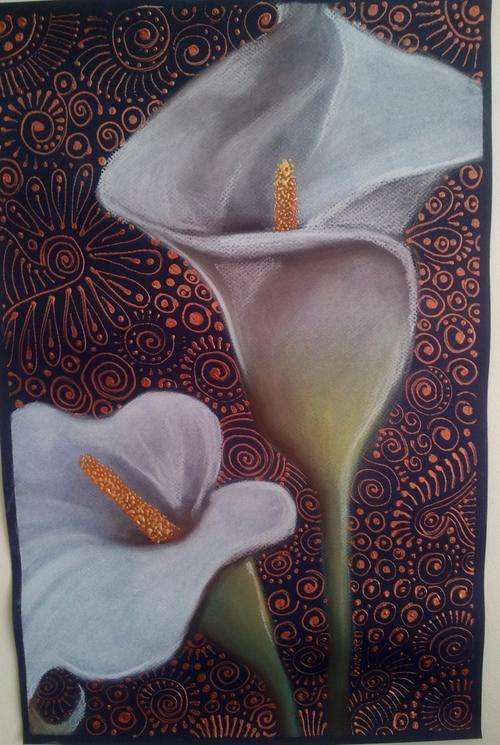 Two White Arum Lilies - Pastel by SA artist, Cherie Roe Dirksen - 500mm x 325mm