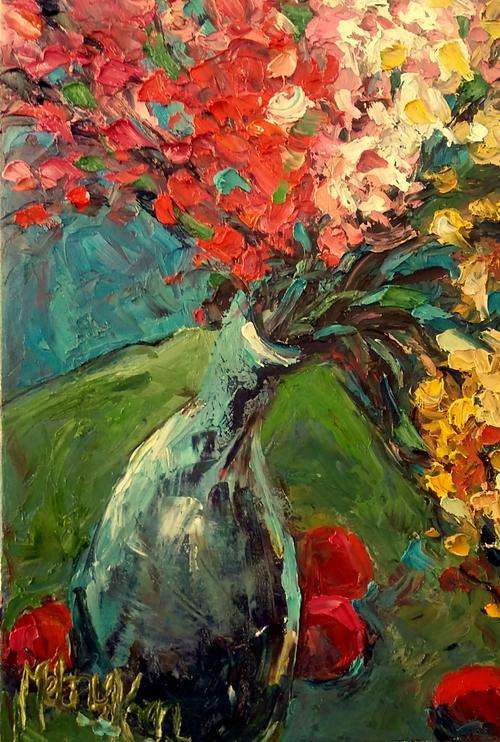A Colour Display on a Green Table - Oil by SA artist, Melany Koen - 230mm x 320mm