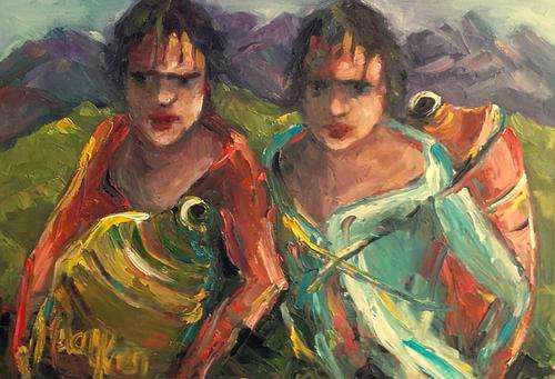 Carrying water - Oil by SA artist, Melany Koen - 280mm x 430mm