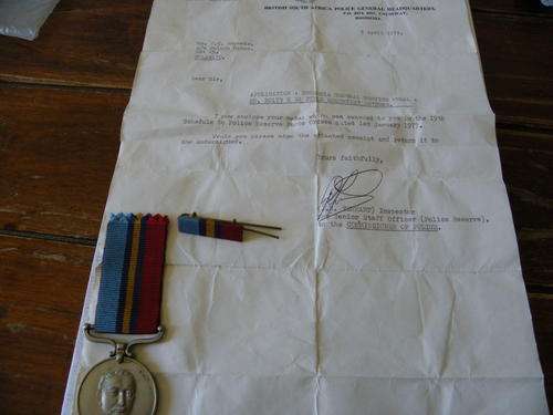 Rhodesia General Service Medal to Ex Field reservist B.S.A.P with paper work