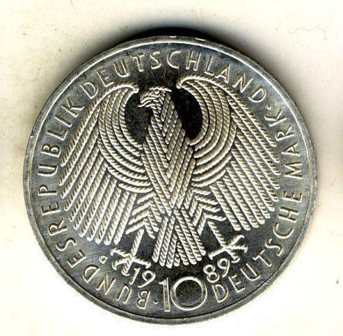 GERMANY SILVER 10 MARKS 1989 UNC (40 YEARS PEACE AND UNITY. Silver 15,48gr.)
