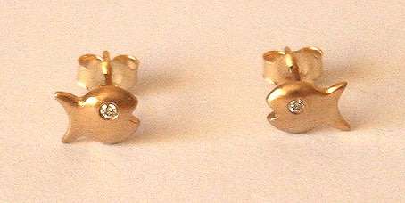 10k / 10ct gold EARRINGS: satin finished fish, simulated diamonds. Ready for you. Last pair!