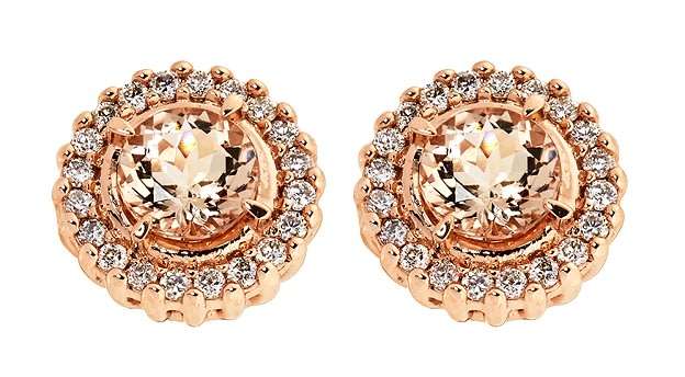 9k / 9ct rose gold round cluster EARRINGS: 6mm Morganite & diamonds