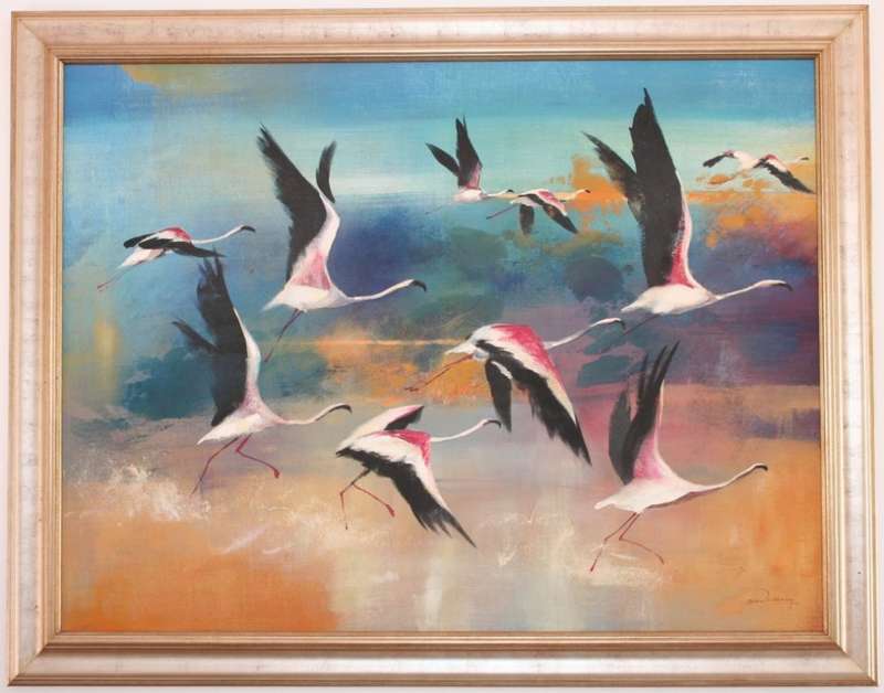 Flamingoes Acrylic on canvas, framed, by Derric van Rensburg HUGE, RARE & BEAUTIFUL